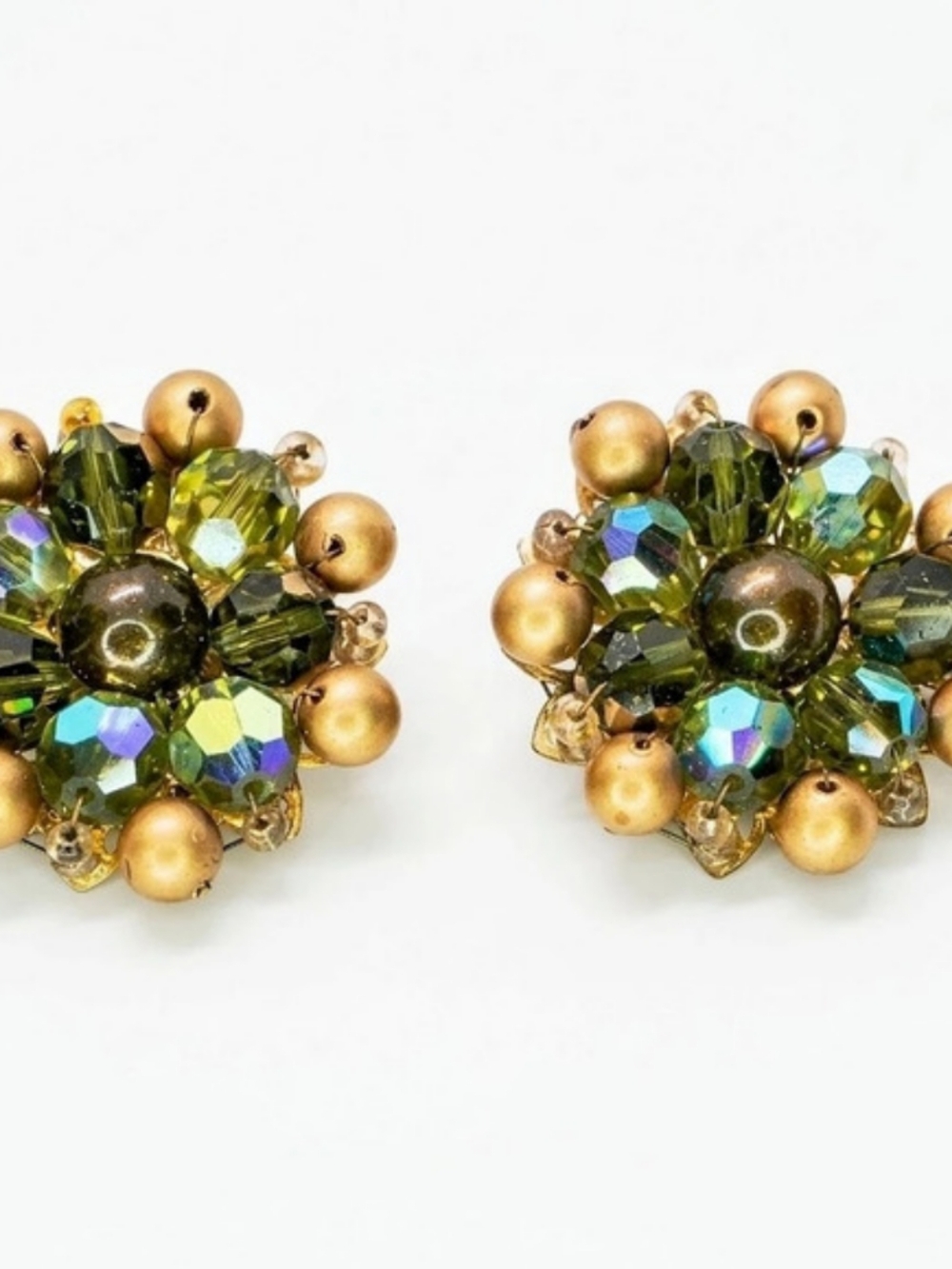 Vintage Signed Marvella Olive Green AB Crystal Faux Pearl Cluster Clip Earrings